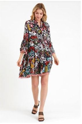 Kadın Siyah Çiçek Desenli Ponpon Detaylı Ispanyol Kol Salaş Elbise 2053VW
