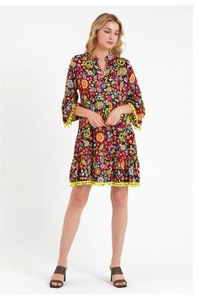 Kadın Çiçek Desenli Ponpon Detaylı Ispanyol Kol Salaş Elbise 2053VW