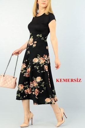 Kadın Siyah Çiçek Desenli Kısa Kollu Midi Boy Elbise 62001-MD1