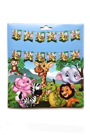 Happyland Safari Temalı Afiş Iyiki Doğdun Sevimli Hayvanlar Konsepti Banner F102577