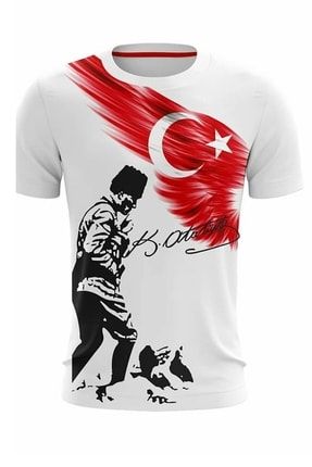 Kocatepe Mustafa Kemal Atatürk Imzası Ve Türk Bayrağı Baskılı T-shirt kkcc1000