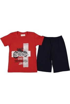 Erkek Çocuk Kırmızı Motorsiklet Desenli Tshirt Lacivert Şort Takım 7-8-9-10 Yaş M4099 46163869256220