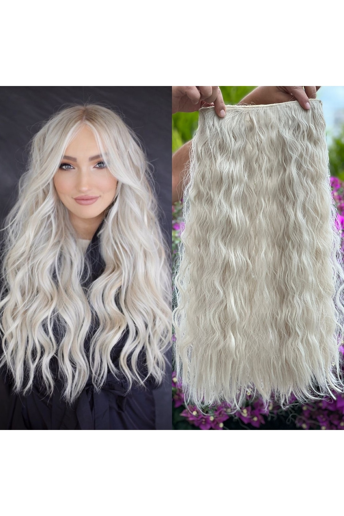 Fenomen Peruk Soğuk Sarı Yarımay +2 Yan Dalgalı Çıt Çıt - 65 Cm Fiber Sentetik