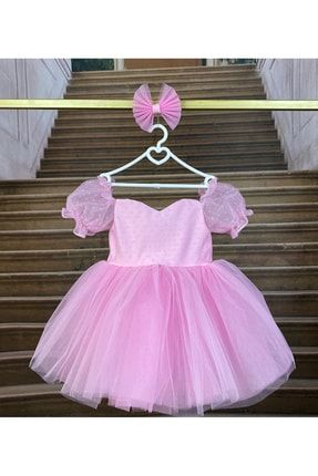 Şeker Pembesi Kar Taneli Prenses Kol Kalp Detaylı Kabarık Elbise TYC00449761246