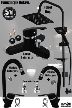 Irmak Lavabo Banyo Mutfak Bataryası Ve Rainy Robot Duş Siyah Banyo Seti Armatür Musluk Batarya Duş BB4-1233V55