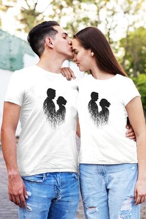 Sevgili Çift Silüet Baskılı Beyaz Çift Kombin Tişörtü (2li) SVGLI-TSRTLR-27