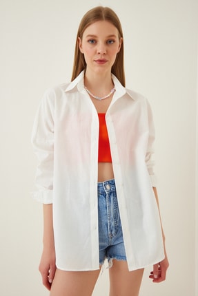Happiness İstanbul Kadın Ekru Oversize Uzun Basic G&ouml;mlek DD00842