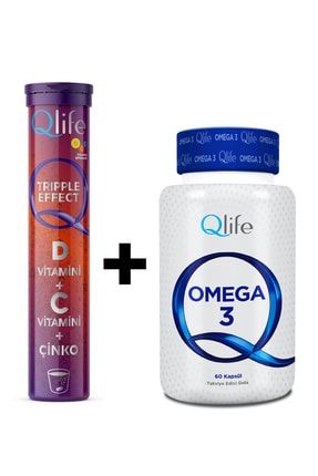 Qlife Tripple Effect D Vitamini + C Vitamini + Çinko 20 Efervesan + Qlife Omega 3 1200 mg 60 Kapsül QLSET008