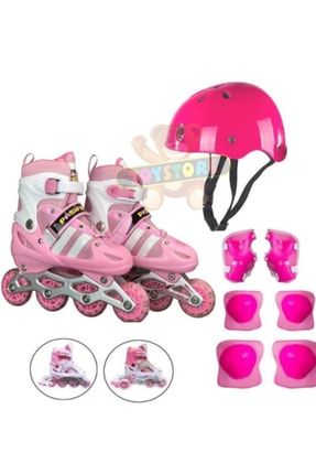 Pembe Işıklı Teker Ayarlanabilir Çocuk Alıştırma Paten 2 Fonksiyon Kask Dizlik Set pembepatenset30-33