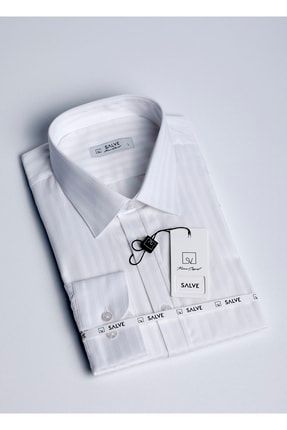 Erkek Gömlek %100 Pamuk Saten Çizgili Slim Fit Beyaz Renkli Klasik Giyim 22109 SLV-22109