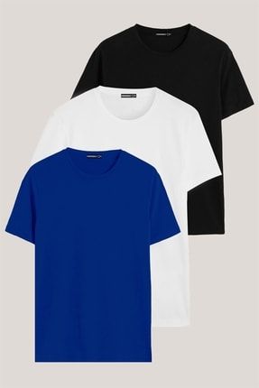 Siyah-beyaz-mavi Renk Regular Fit Pamuklu Erkek Tişört 3'lü Paket DKS3000
