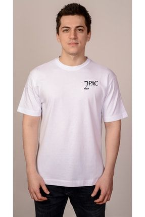 Beyaz Oversize %100 Pamuklu Bisiklet Yaka 2pac Tupac Baskılı Kısa Kollu T-shirt BTUPACO0002