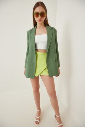 Kadın Koyu Çağla Yeşili Dokulu Keten Oversize Blazer Ceket TO00015