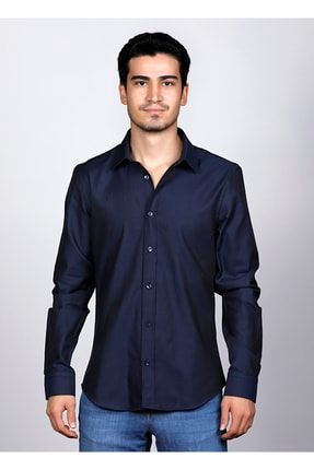Erkek Premium Gömlek %100 Pamuk Slim Fit Armür Desen Lacivert Renkli Casual Giyim 22104 SLV-22104