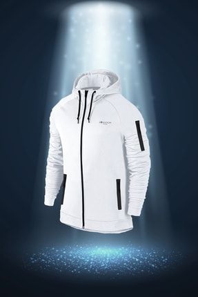 Büyük Beden Erkek Beyaz Interlok Kumaş Kapüşonlu Özel Tasarım Fermuarlı Cep Rahat Sweatshirt (3xl-10 SWP000012