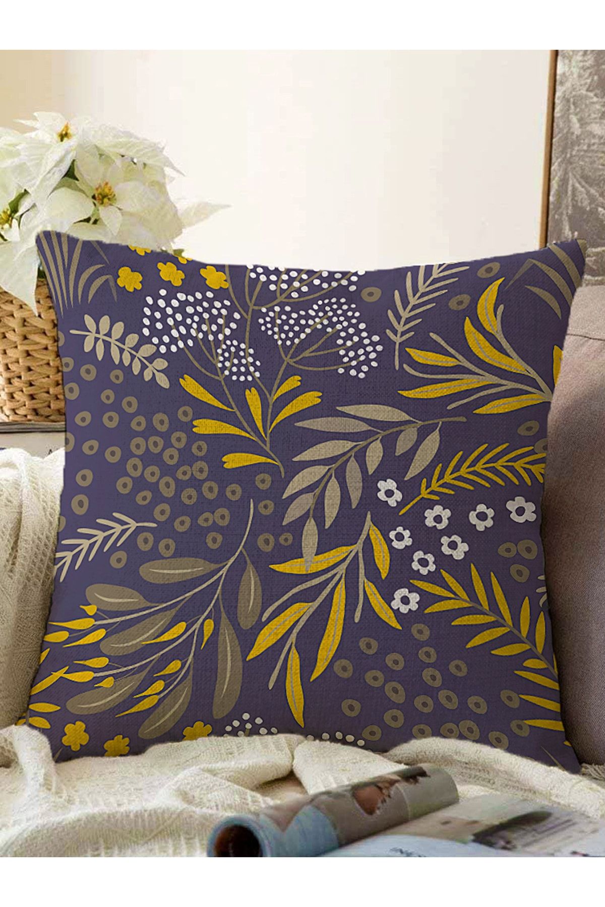 Realhomes Fundal Întunecat Motiv Cu Frunze Tropicale Husă De Pernă Tricotată Raschel Decorativă - 43 x 43