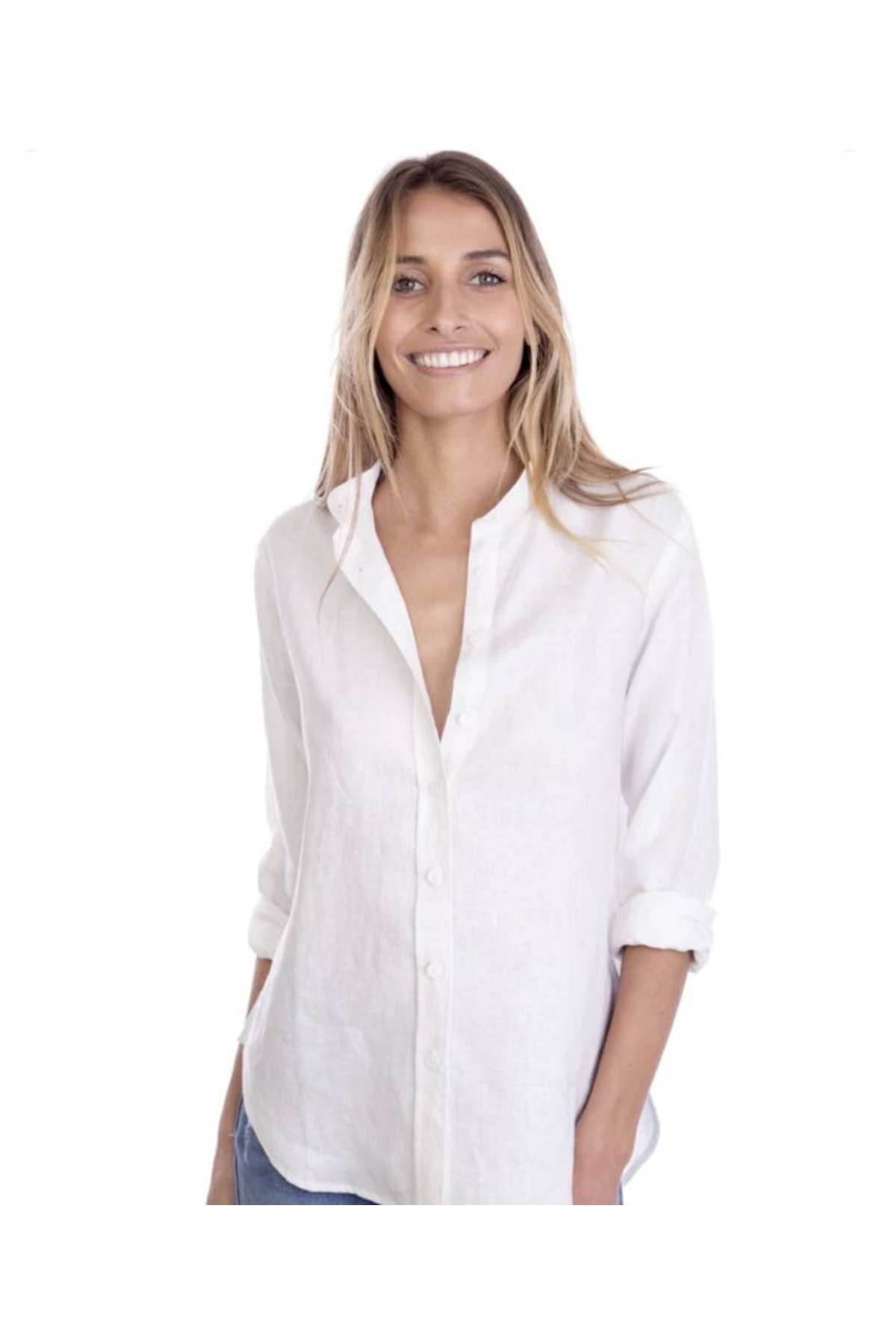 Piola Club  Beyaz Hakim Yaka Keten Kadın Gömlek - Görsel 3