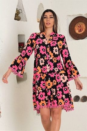 Kadın Pembe Çiçekli Önden Düğmeli Ponponlu Ispanyol Kol Salaş Elbise EKWCM2053M