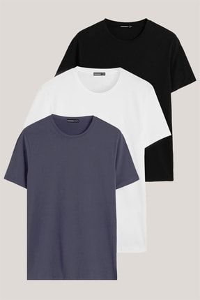 Siyah-beyaz-füme Renk Regular Fit Pamuklu Erkek Tişört 3'lü Paket DKS3000