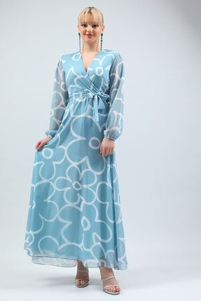 Mint Kadın Kruvaze Yaka Iç Astarlı Desenli Uzun Şifon Elbise TYC00450748038