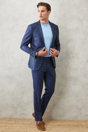 Erkek Lacivert Ekstra Slim Fit Dar Kesim Mono Yaka Kareli Klasik Takım Elbise 4A3022200031