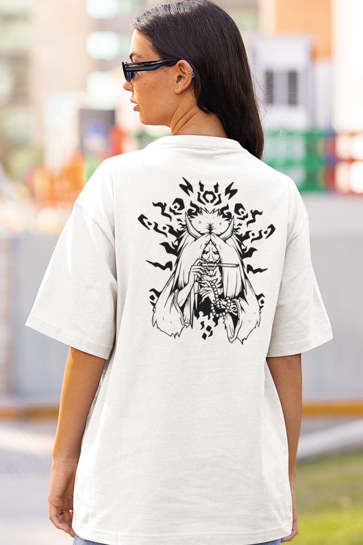 SUNFREE-Anime Death Reaper Printed Oversize Unisex White T-Shirt 4