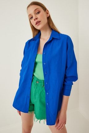 Kadın Canlı Mavi Oversize Uzun Basic Gömlek DD00842