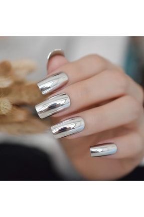 24'lü Gümüş Gri Metalik Takma Tırnak Lüks Ayna Efektli Uzun Boy Kare Nail Art Yapıştırıcılı Set E94