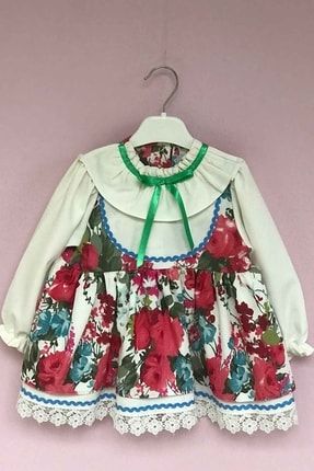 Kurdele Ve Dantel Detaylı Renkli Çiçekli Krep Kız Çocuk Bebek Elbise 339