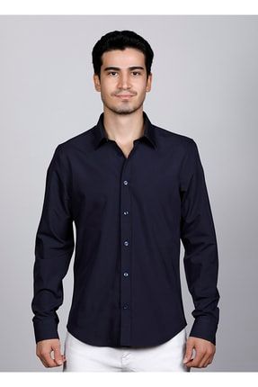 Erkek Gömlek Kolay Ütülenebilir Slim Fit Lacivert Renkli Klasik Giyim 22112 SLV-22112