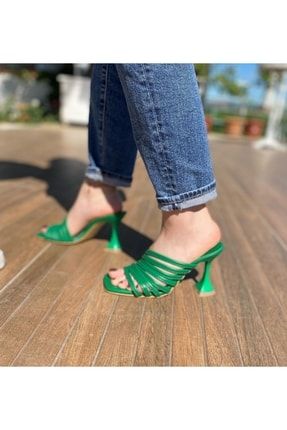 Kadın Yeşil Deri Ip Bantlı Kare Burun Topuklu Ayakkabı NF6671