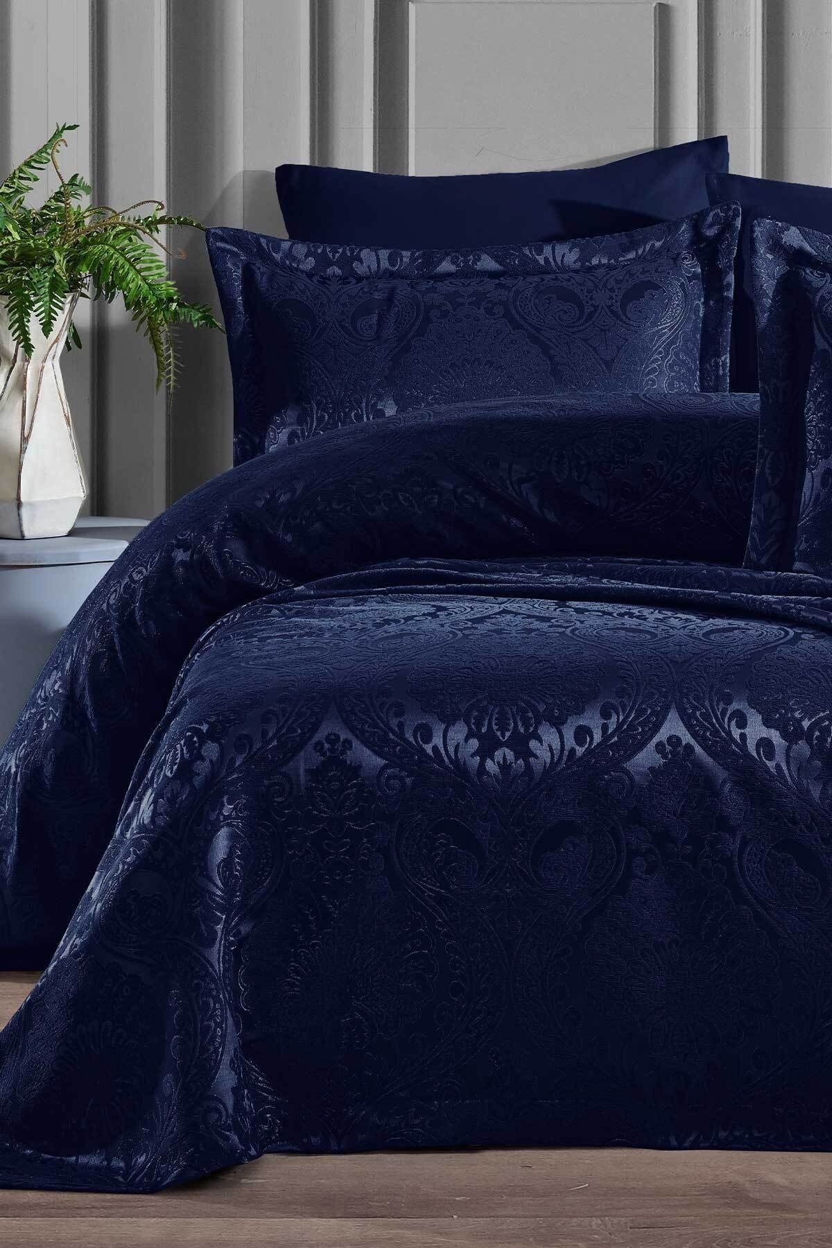 Elart-Set cuvertură de pat dublă țesătură chenille Enora bleumarin 2