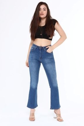 Kadın Mavi Ispanyol Paça Yüksek Bel Kot Pantolon Skinny Fit Jean C605
