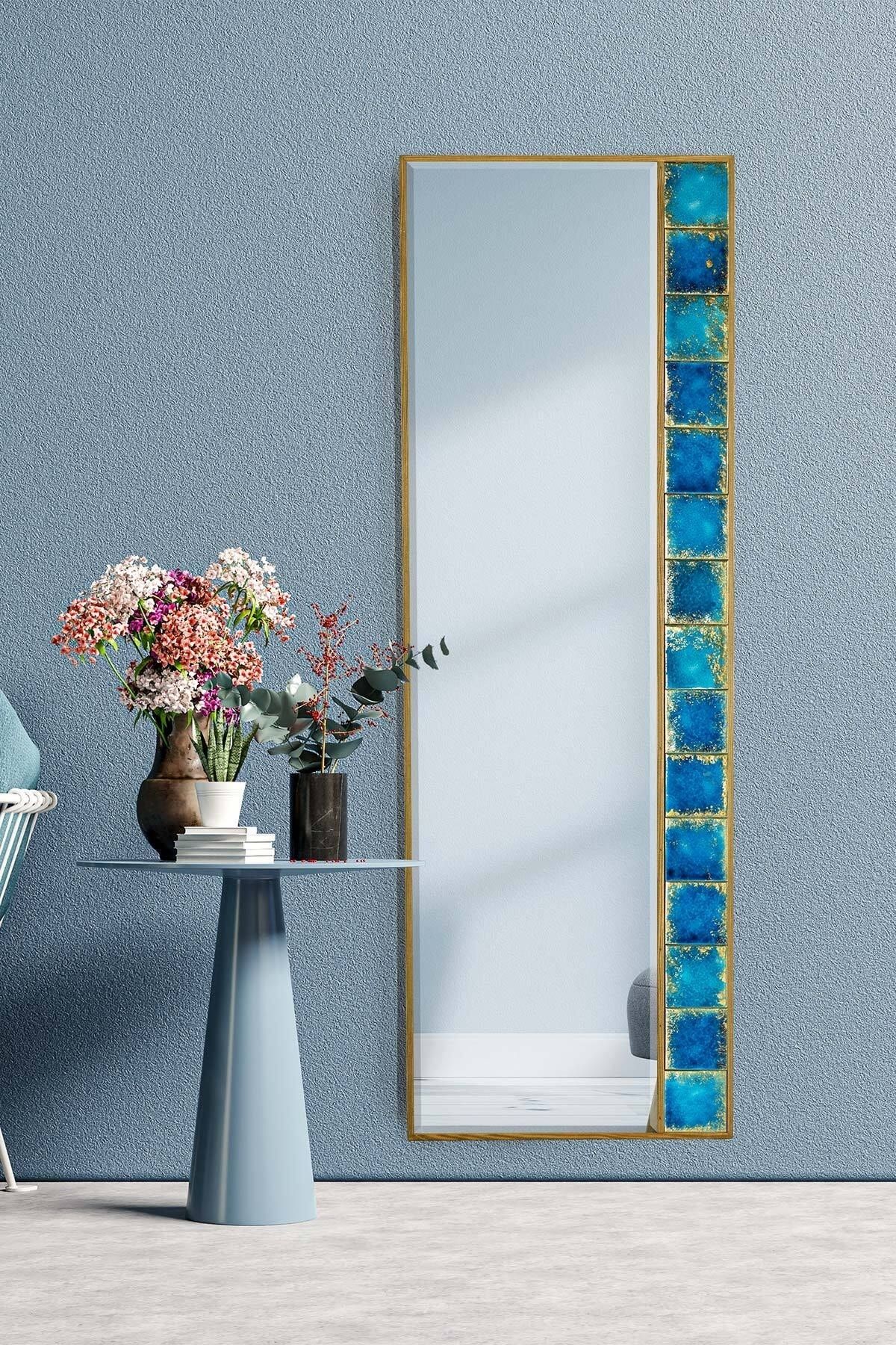 bluecape Napoli Çini Seramik 50x148 Cm Doğal Ağaç Çerçeveli Salon Ofis Mutfak Duvar Konsol Boy Aynası