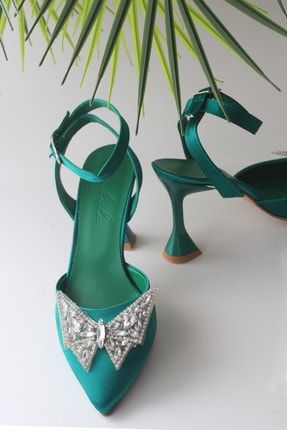 Kadın Yeşil Saten Kelebek Taşlı Topuklu Ayakkabı be2022104