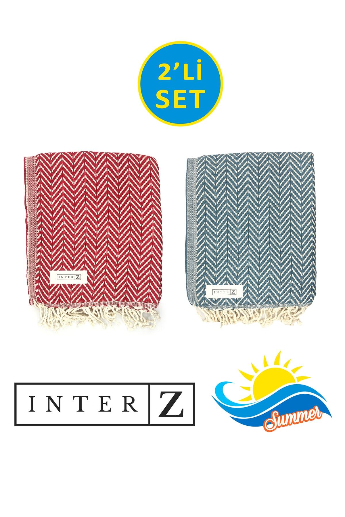 INTER Z-Set of 2 Peshtemal Beach Towels, 100% Cotton, Xxl 100x180cm, Marmaris, Red-Aegean Blue 1
