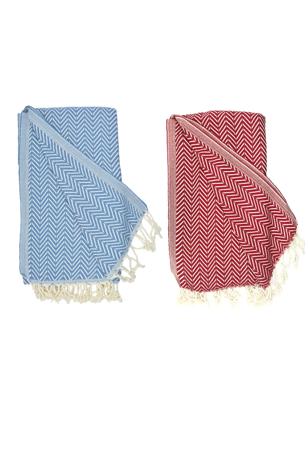 INTER Z-Set of 2 Peshtemal Beach Towels, 100% Cotton, Xxl 100x180cm, Marmaris, Red-Aegean Blue 2