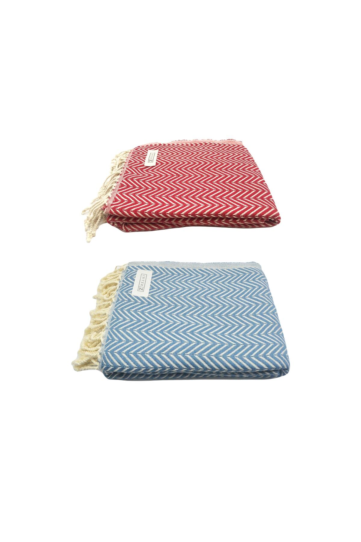 INTER Z-Set of 2 Peshtemal Beach Towels, 100% Cotton, Xxl 100x180cm, Marmaris, Red-Aegean Blue 3