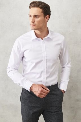 Erkek Beyaz Ütü Gerektirmeyen Non-iron Slim Fit Dar Kesim %100 Pamuk Gömlek 4A2020000007