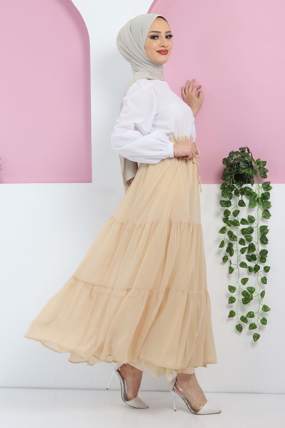 ModaMihram Ruffle Chiffon Skirt Gold Trendyol