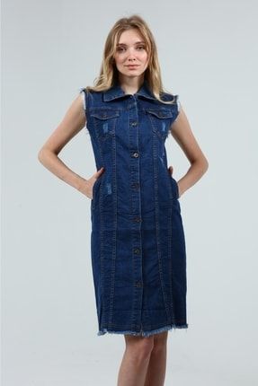 Kadın Düğmeli Kot Elbise Koyu Mavi 83836ot