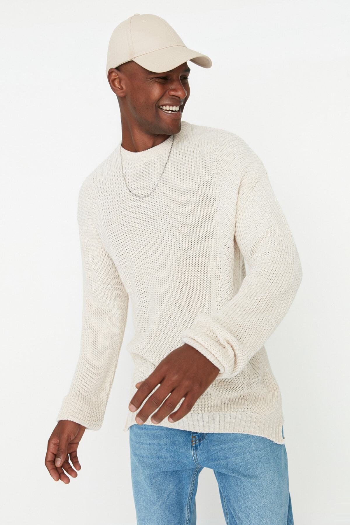 Trendyol Collection-Unisex Beige Oversize Knitwear Sweater - Crew Neck with Slit Detail Tmnaw21Kz0552 4