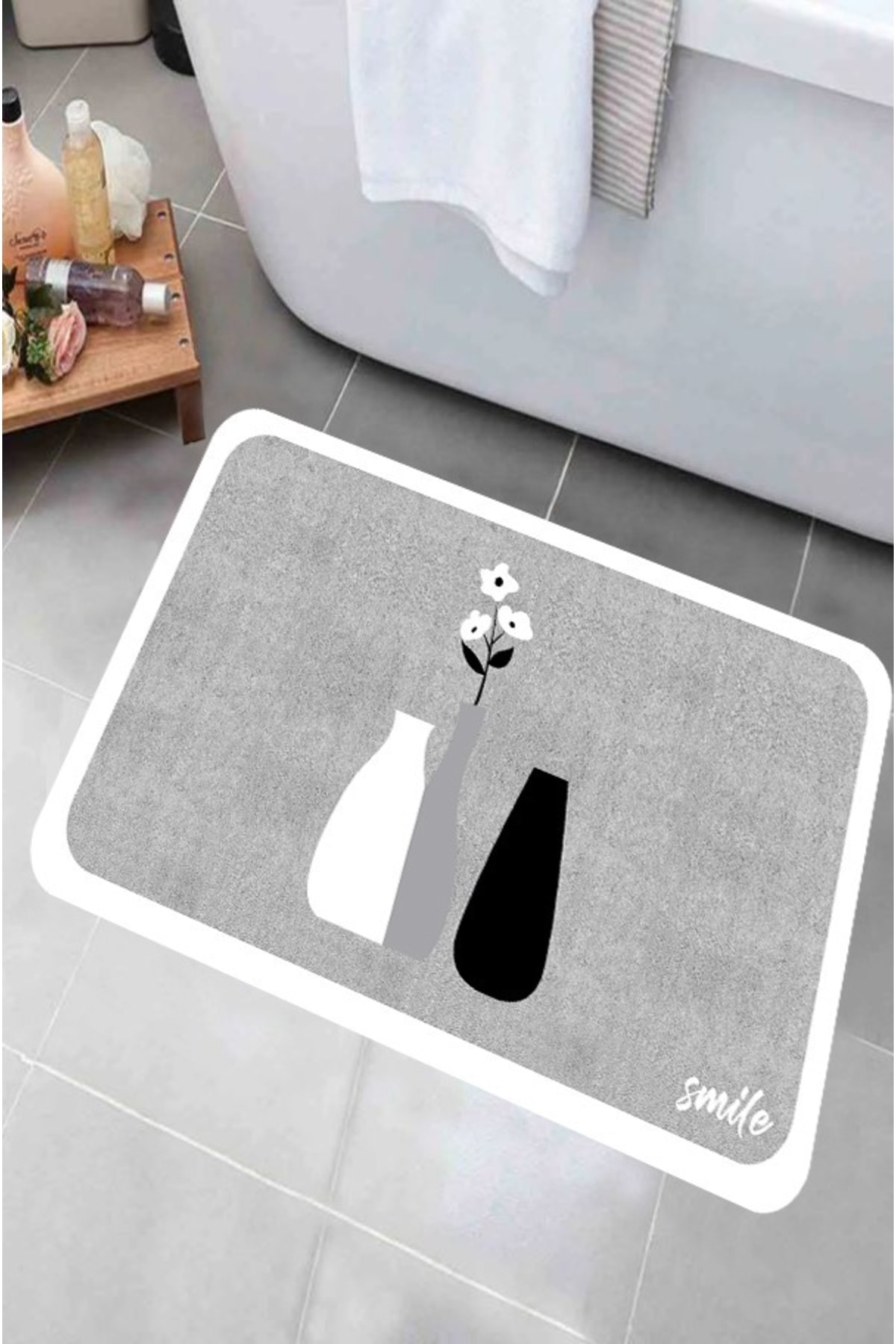 eco concept Kaymaz Taban Çiçekli Saksı Desenli Banyo Paspası Dekoratif Paspas 60x100cm Smile
