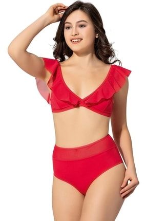 Kadın Kırmızı Fırfırlı Yüksek Bel Bikini Takımı SWANA 5005