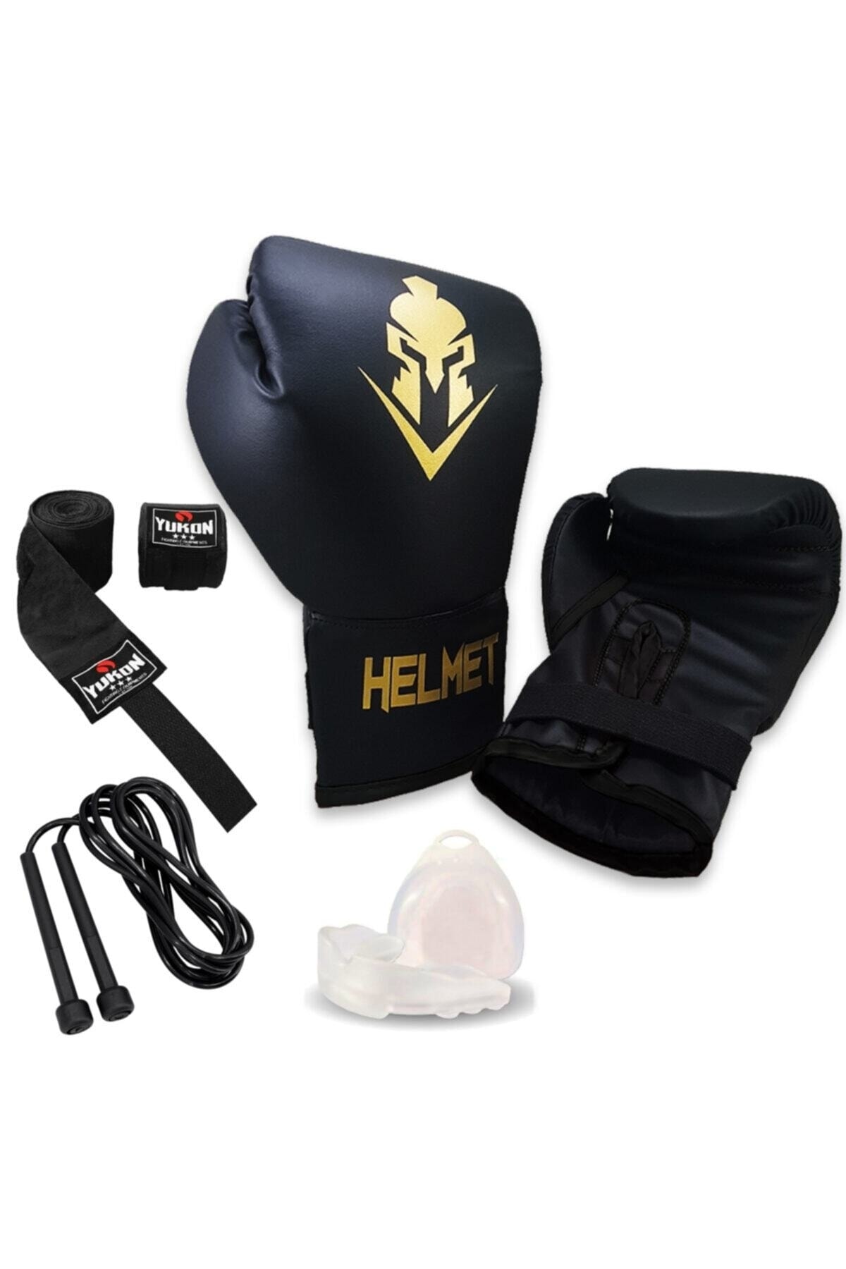 Yukon Helmet Siyah Boks Eldiveni Boks Bandajı Boks Dişliği ve Boks Bandajı Seti