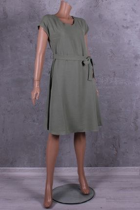 Mint Yeşil Kloş Elbise Sıfır Kol V Yaka Uzun Kemerli Cepli TT1414