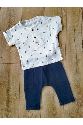 Erkek Bebek Başak Desenli Müslin Gömlek Pantolon Takım 350408