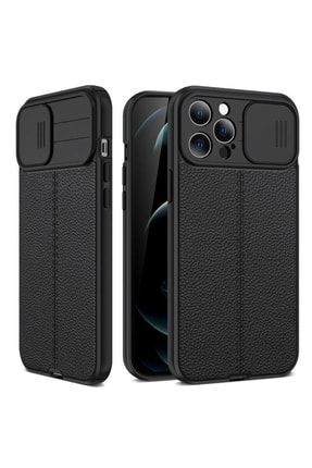 Iphone 12 Pro Max Uyumlu Kılıf Kamera Sürgülü Deri Dokulu Mat Silikon Siyah casestt70503789503