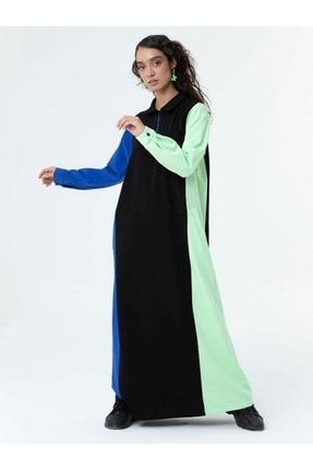 Kadın Oversize Siyah-saks-mint Üç Renk Bloklu Cepli Boyun Fermuarlı Iki Ip Uzun Tarz Elbise 14897