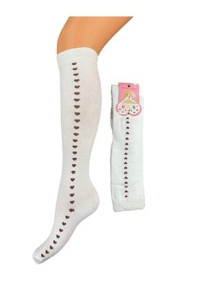 Kız Çocuk Beyaz Kahverengi Renkli Kalp Desenli Pamuklu Diz Altı Çorap M0C0501-0016